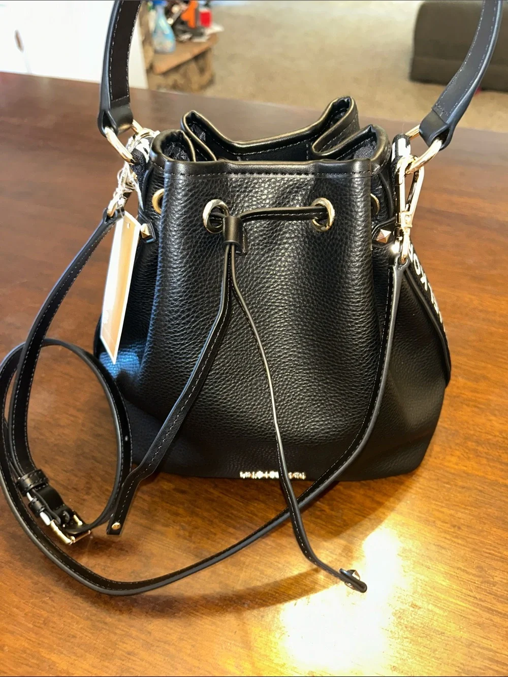 Michael Kors Black Pebbled Leather Bucket Crossbody with Gold Hardware
